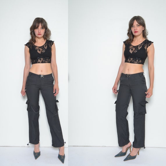 Pocket Parachute Pants /Vintage 00s Glossy Black Straight Leg Sports Trousers - Size Small