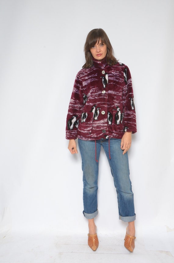 Faux Fur Jacket /Vintage 90's Penguin Print Burgun