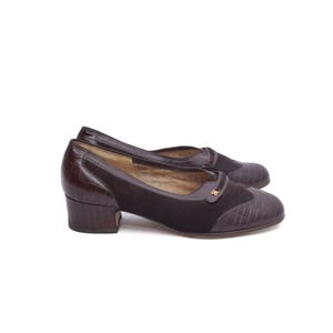 Vintage 80&#39;s Suede Reptile Pattern Leather Chunky Low Heel Pumps - Size: 40 EU 6.5