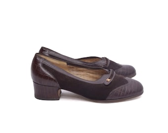 Zapatos de tacón bajo grueso de piel con estampado de reptil de ante vintage de los años 80 - Talla: 40 EU 6.5