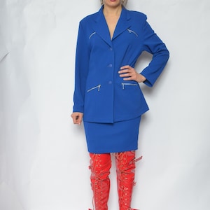 Two Piece Skirt Suit / Vintage 90s Blue Button Pocket Jacket And High Waist Skirt Matching Set Size Medium image 7