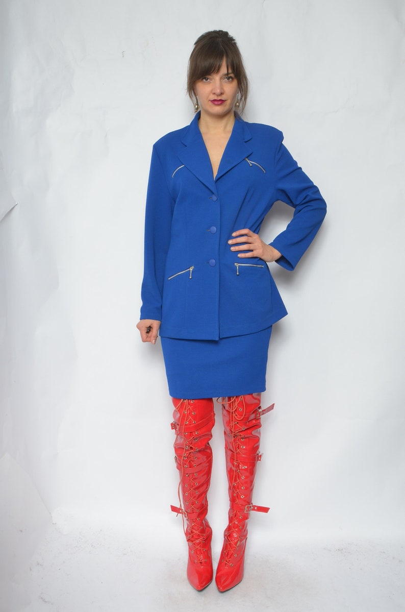 Two Piece Skirt Suit / Vintage 90s Blue Button Pocket Jacket And High Waist Skirt Matching Set Size Medium image 7