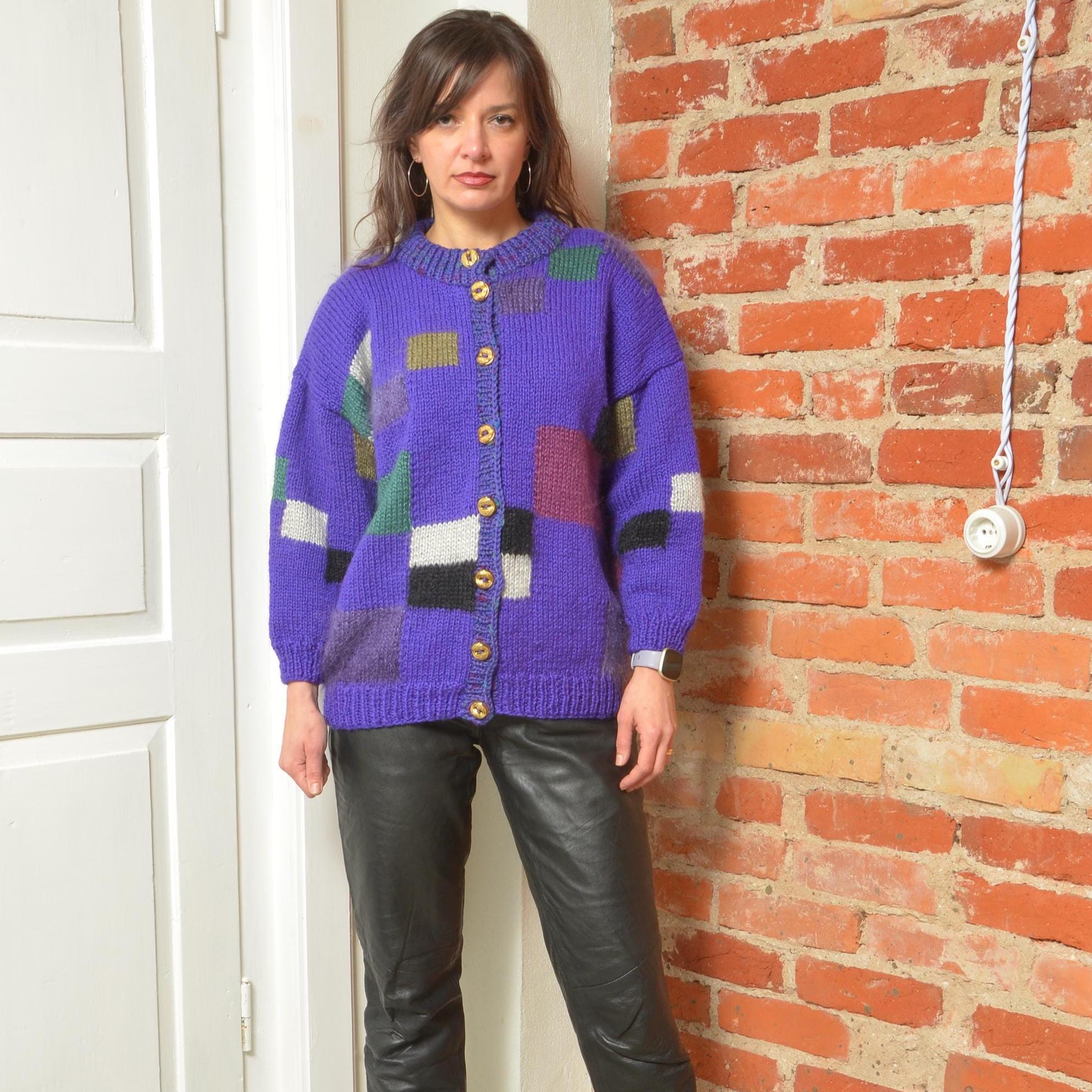 Vintage 80's Purple Wool Cardigan With Color Blocks - Etsy Hong Kong