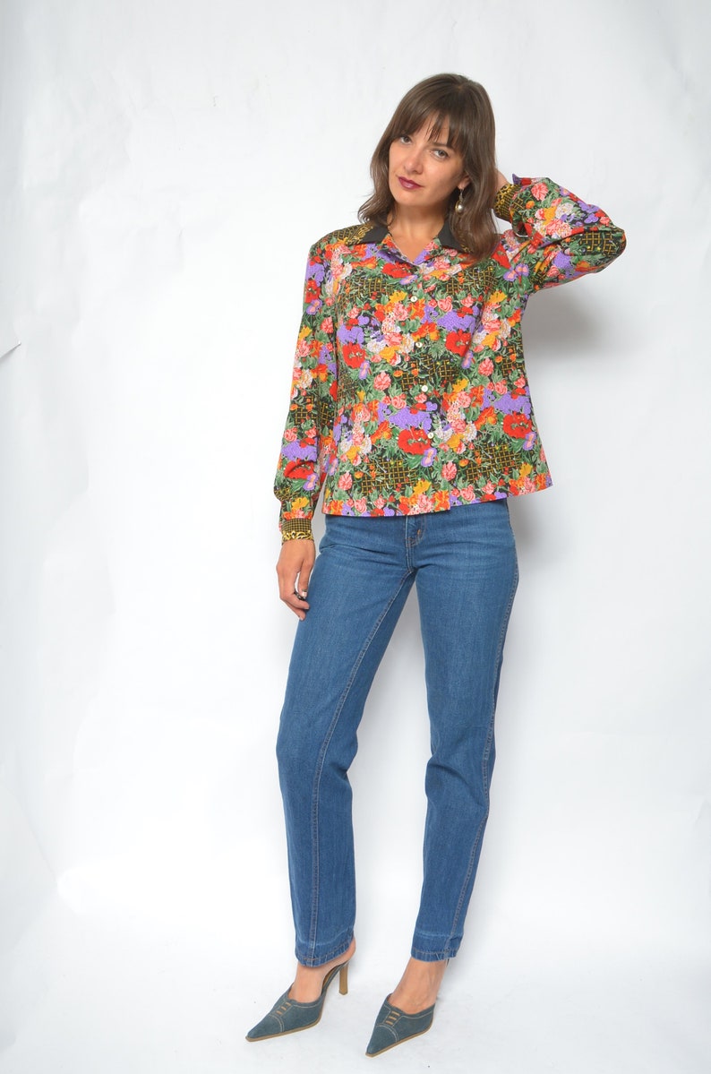 Floral Baroque Button Shirt Vintage 80s Long Sleeve Flower Print Blouse Size Large