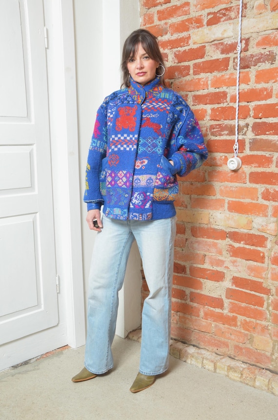 Vintage 90s Mitos Patchwork Knit Jacket Blue Folk… - image 7