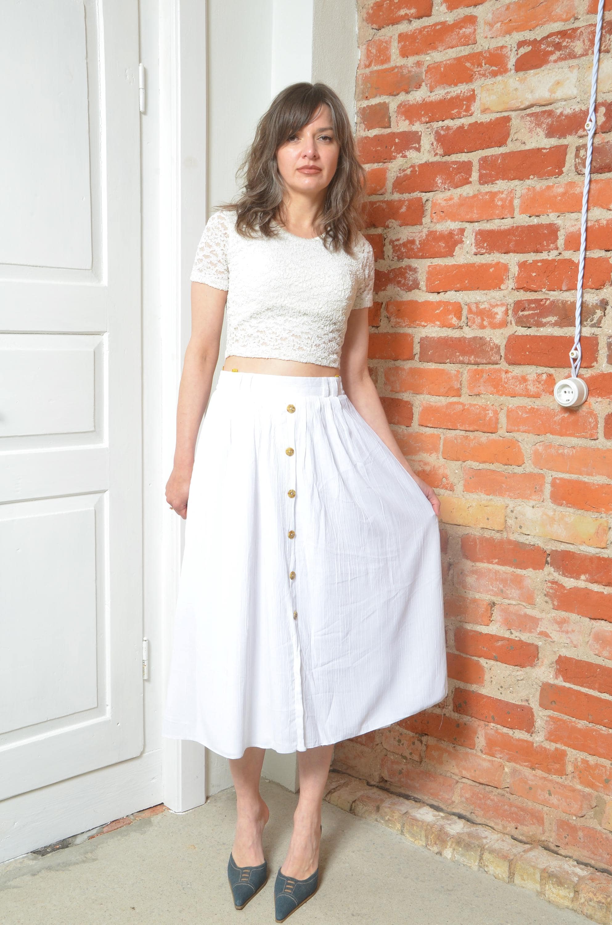 Vintage White Button-front Midi Skirt – High Waist Flowy Summer