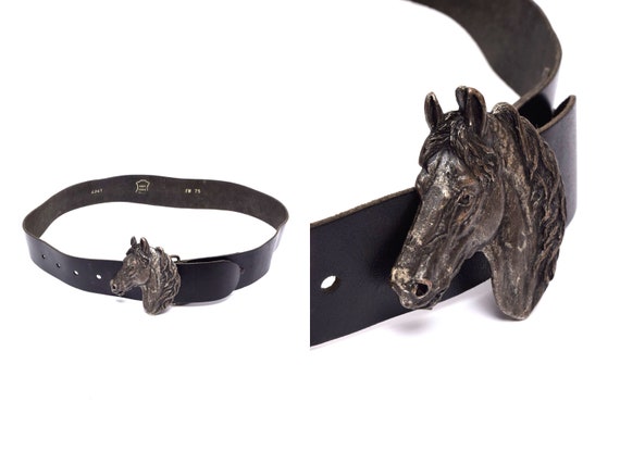Vintage 90's Black Leather Cowboy Belt With Horse Head