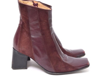 Vintage 90&#39;s Burgundy Red Suede and Leather Italian Ankle Boots with Side Zippers and Triangle Wedge Heels (Made in Italy)