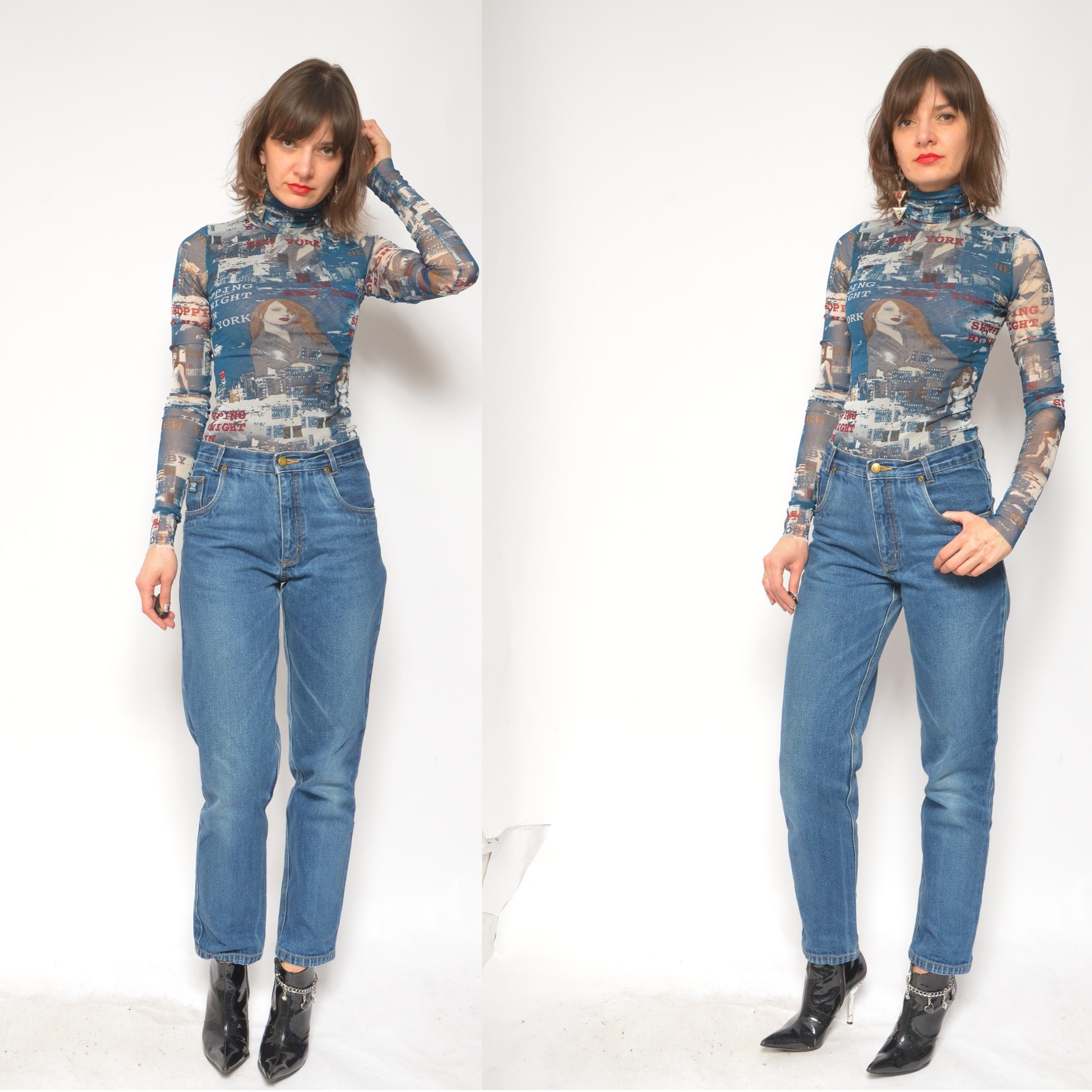 90's Blue Denim Jeans / Vintage High Waisted Tapered Leg Etsy