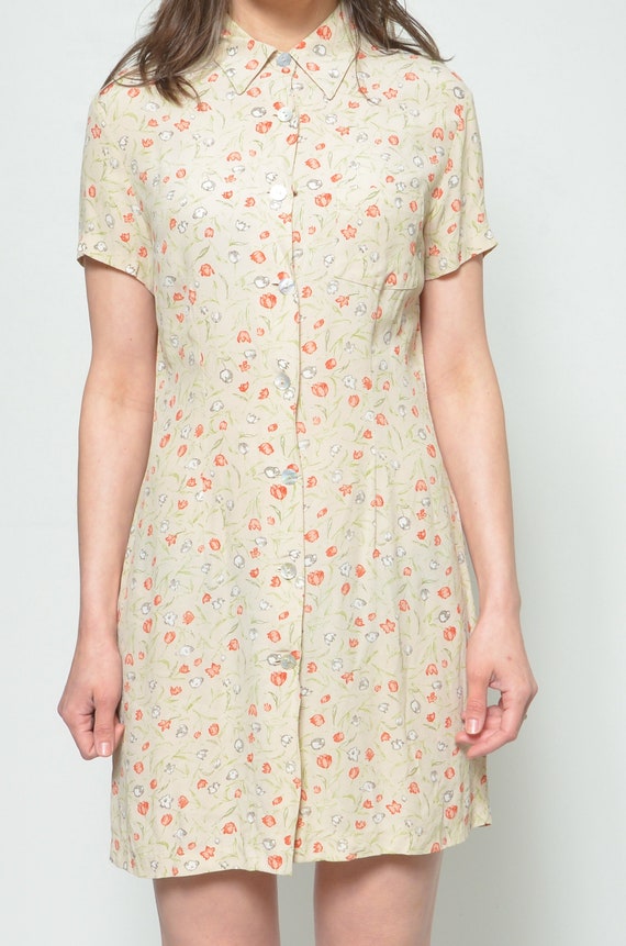 Vintage 90's Floral Button Dress / Collared Beige Micro