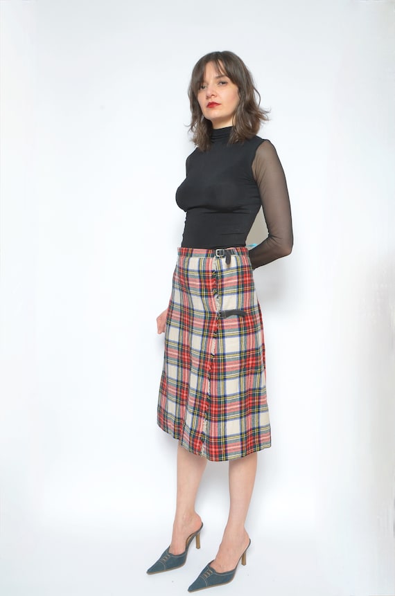 Tartan Wool Skirt / Vintage 80s Pleated Pleated H… - image 5