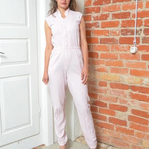 Vintage 80s Pink Cotton Jumpsuit | Textured Sleeveless Zip-Up One Piece | Size Small