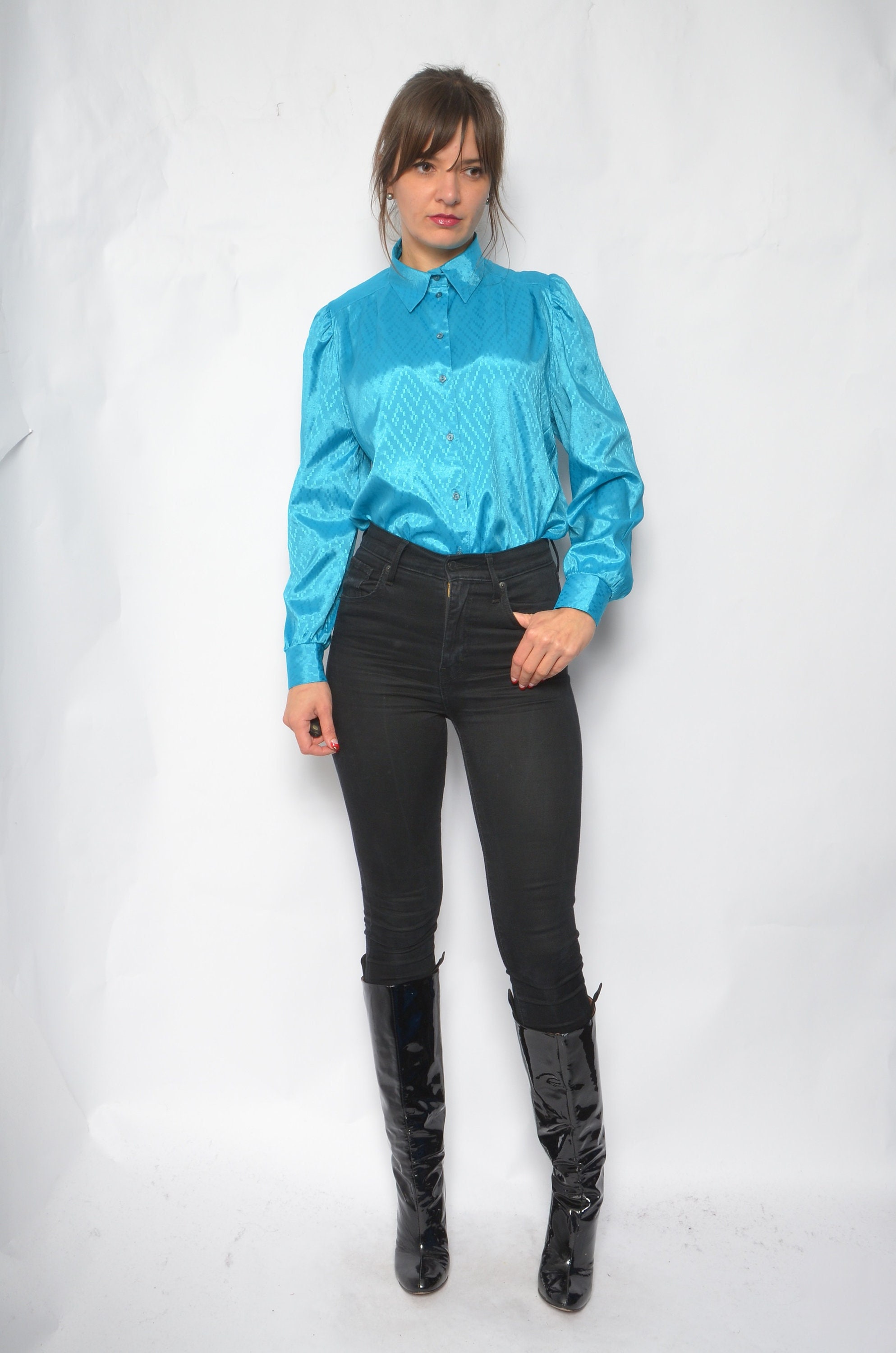 turquoise satin blouse