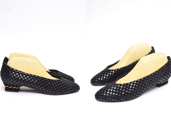 Vintage 90's Black Checkered Italian Leather Pumps with Gold Rope Metal Heels (Made in Italy)