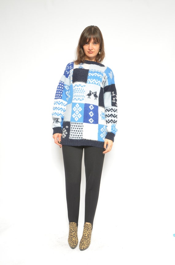 Winter Wool Sweater / Vintage 90s Patchwork Multi… - image 10