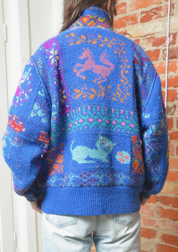 Vintage 90s Mitos Patchwork Knit Jacket Blue Folk… - image 8