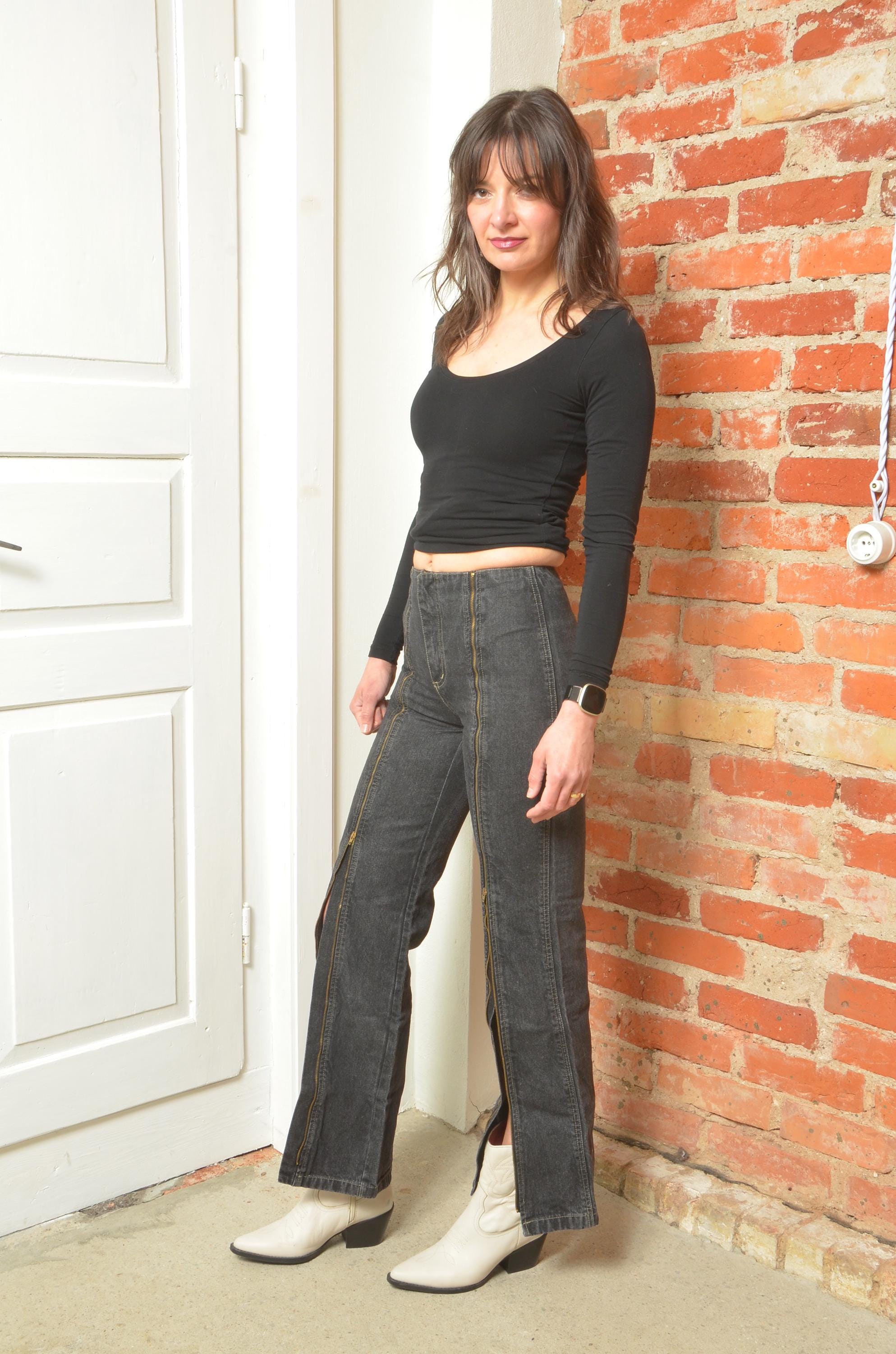 Vintage Black Flare Jeans XS High Waist Zip Front Slit Pants Y2K