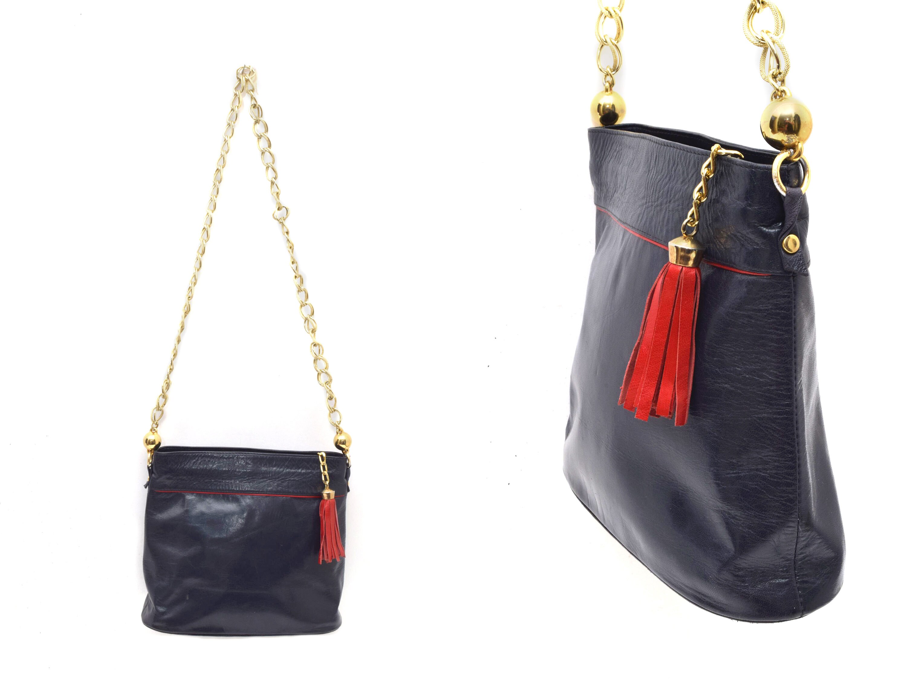 Vintage 90s Leather Shoulder Bag: Gold Chain Strap, Red Tassel - Etsy