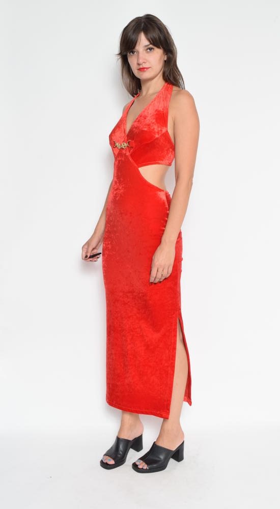 90s Vintage Red Velvet Slit Backless Maxi Dress - Size M - Etsy