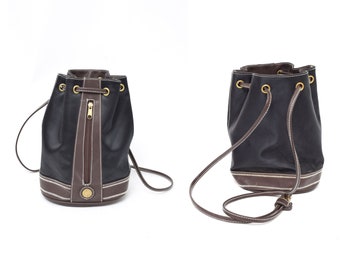 Vintage 90's Black Nylon Mini Shoulder Bag Backpack with Brown Details and Gold Ornament