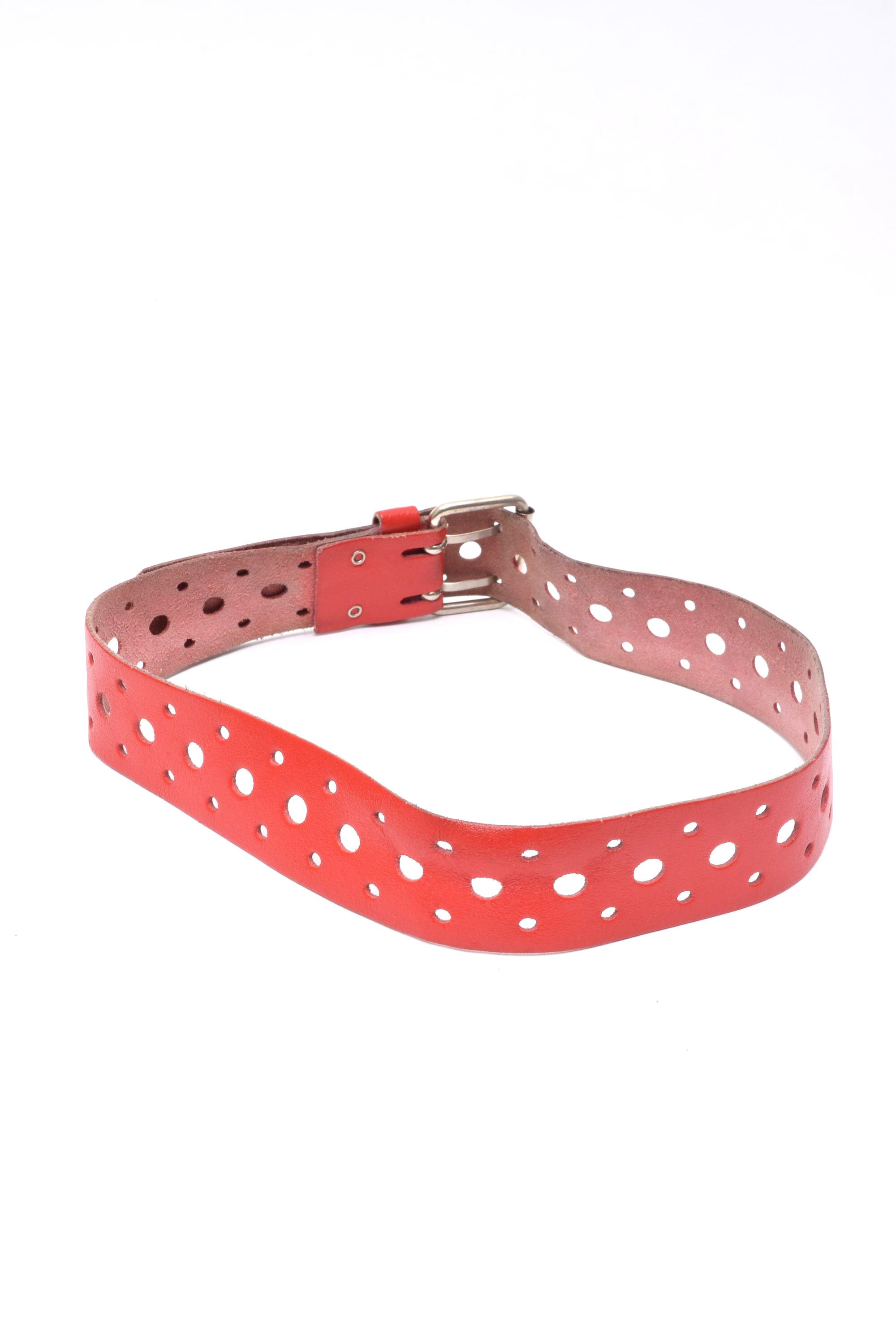 Vintage 90s Red Leather Belt: Wide Perforated Design, Silver 