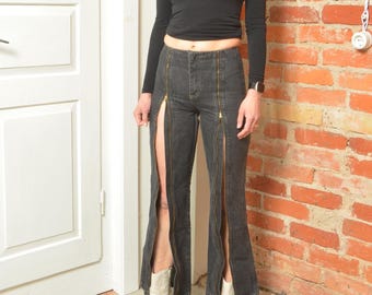Vintage Black Flare Jeans XS High Waist Zip Front Slit Pants Y2K