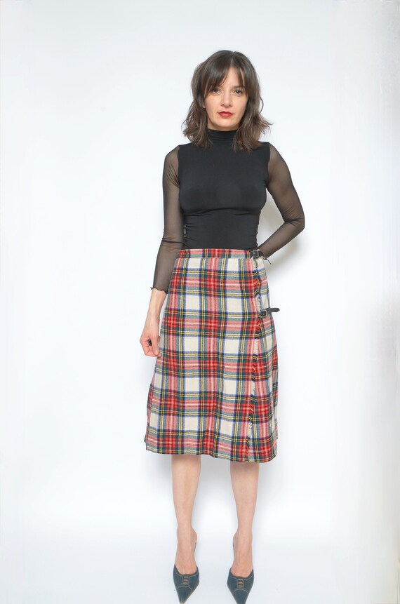 Tartan Wool Skirt / Vintage 80s Pleated Pleated H… - image 9