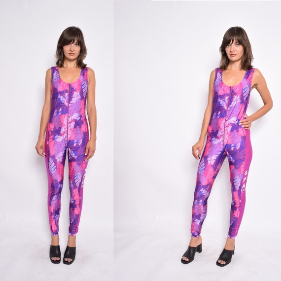 Sleeveless Abstract Unitard / Vintage 90s Zipper S