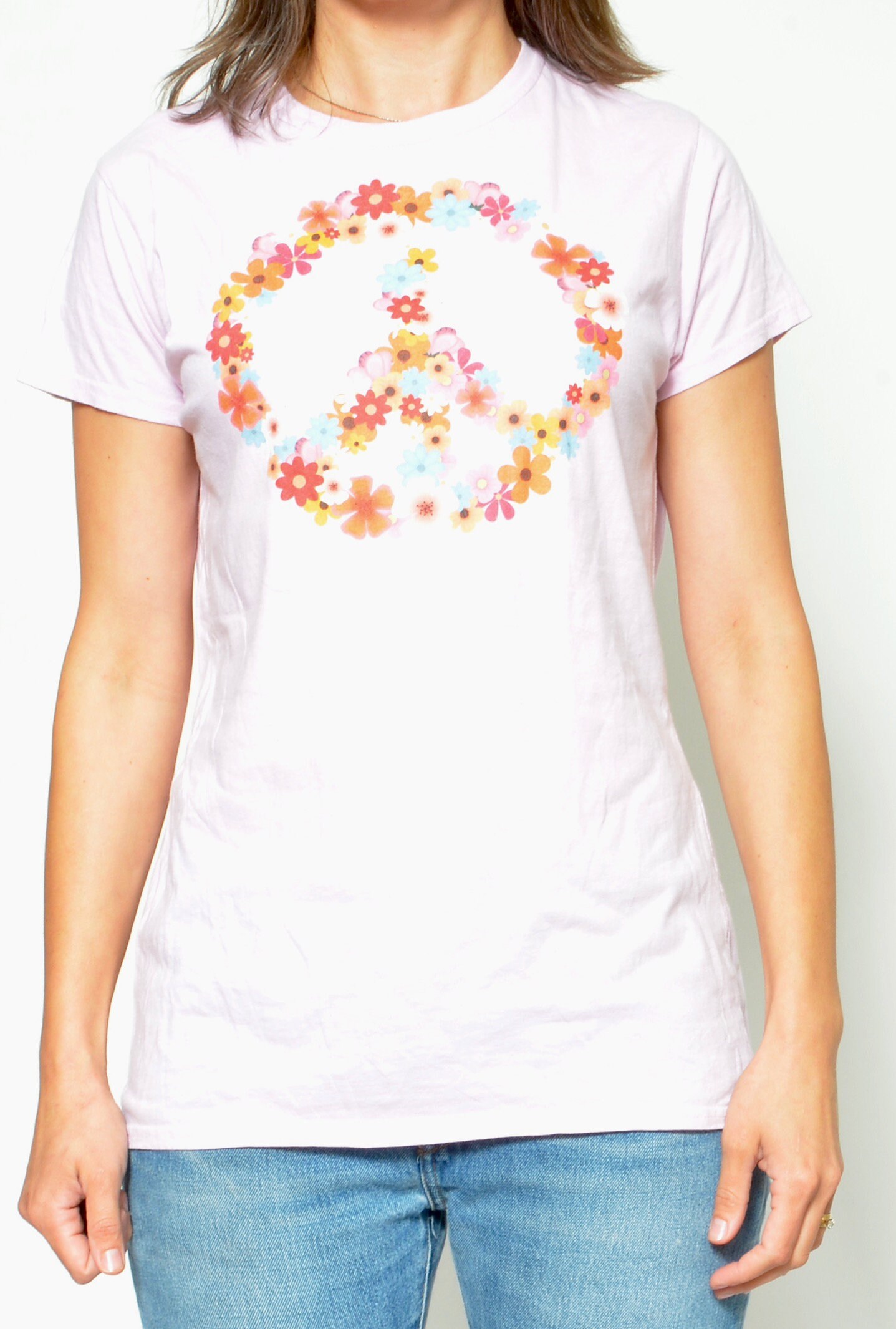 Vintage 00s Peace Symbol Print T-shirt 2YK Floral Light Pink