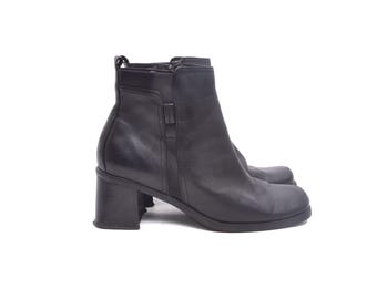 90's Black Real Leather Chunky Heel Booties with Side Zippers Size 40 EU