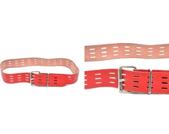 Vintage 90's Red Leather Belt with Silver Metal Buckle and Perforated Design