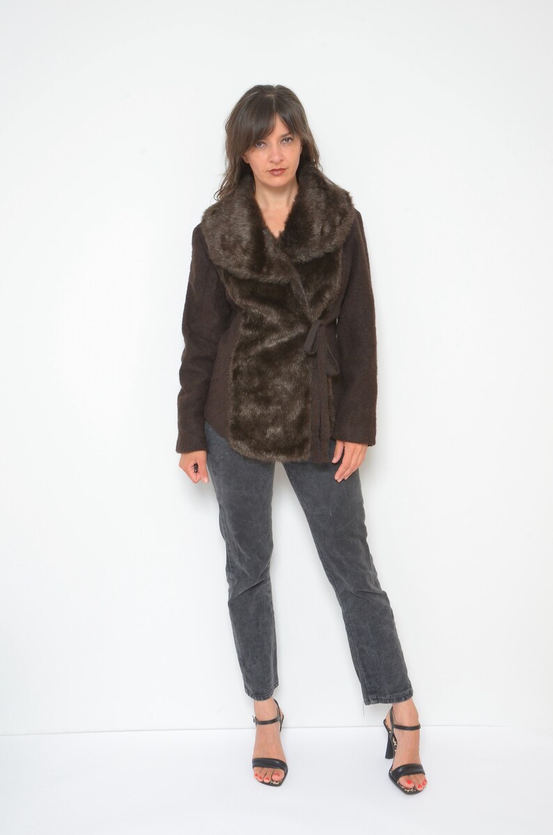 Wool Faux Fur Jacket / Vintage 00s Lana Wool Wrap Up Belt Blazer Size Medium image 2