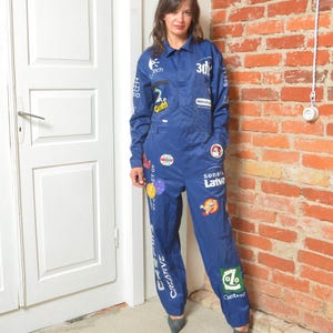 Tuta da corsa vintage blu con toppe, tuta da meccanico per sport motoristici, taglia S