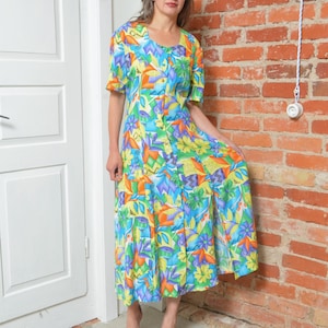 Vintage 90s Floral Print Midi Dress: Colorful Button-Down Summer Dress
