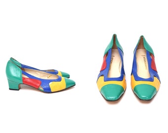 Vintage 90s Color Block Leather Pumps - Size 4.5 US