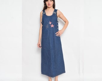 Vintage 90's Denim Overall Dress / Blue Denim Maxi Dress / Embroidered Denim Dress