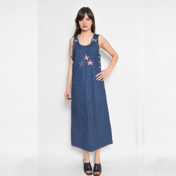 Vintage 90's Denim Overall Dress / Blue Denim Max… - image 1