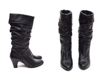 Vintage 80's Style Black Leather Slouchy Boots avec plis