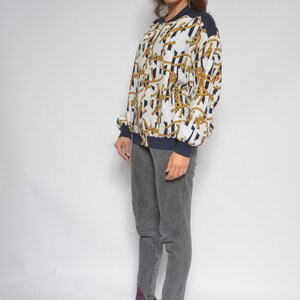 Baroque Print Blouse / Vintage 80s Button Long Sleeve Printed Marine Bomber Jacket Size Medium image 5