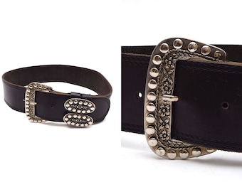 Vintage 90's Wide Black Leather Belt with Large Silver Buckle Flowers and Studs