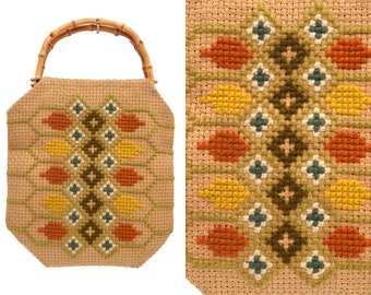 Vintage 70's Woven Jute Handbag with Embroidered Flower Design and Wood Handles Large Bag 1970's Bohemian Accessories