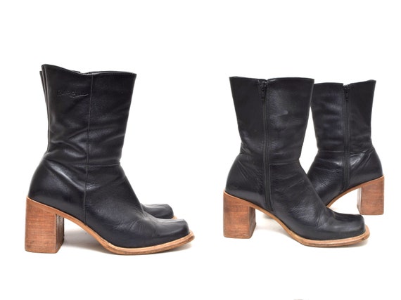 Vintage 90's Black Leather Platform Boots with Bro