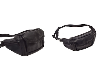 vintage 80's Leather Multi-Pocket Black Fanny Pack avec ceinture en nylon et fermoir en plastique autour du portefeuille de taille