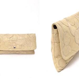 Vintage 90&#39;s Beige Real Leather Handbag Clutch Purse with Sewn Circle Details