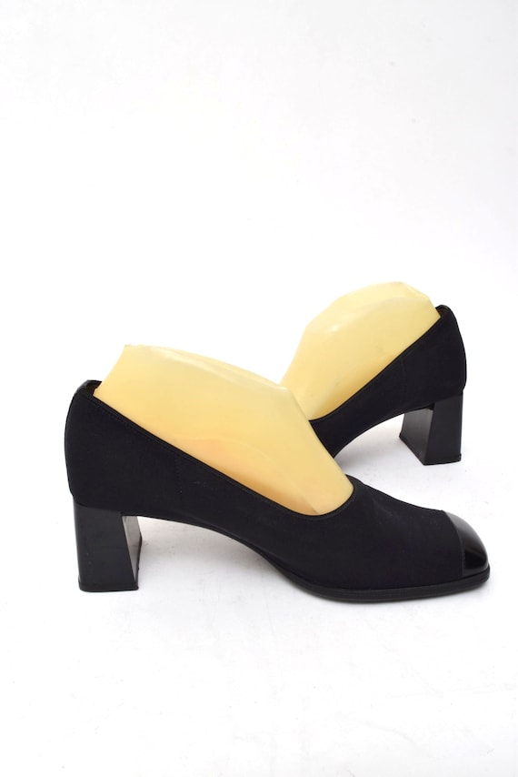 Vintage 90s Black Fabric Chunky Heel Pumps with S… - image 7