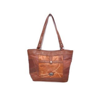 Bolso de hombro vintage de los años 90 con patchwork de piel auténtica, marrón, marca M.C.