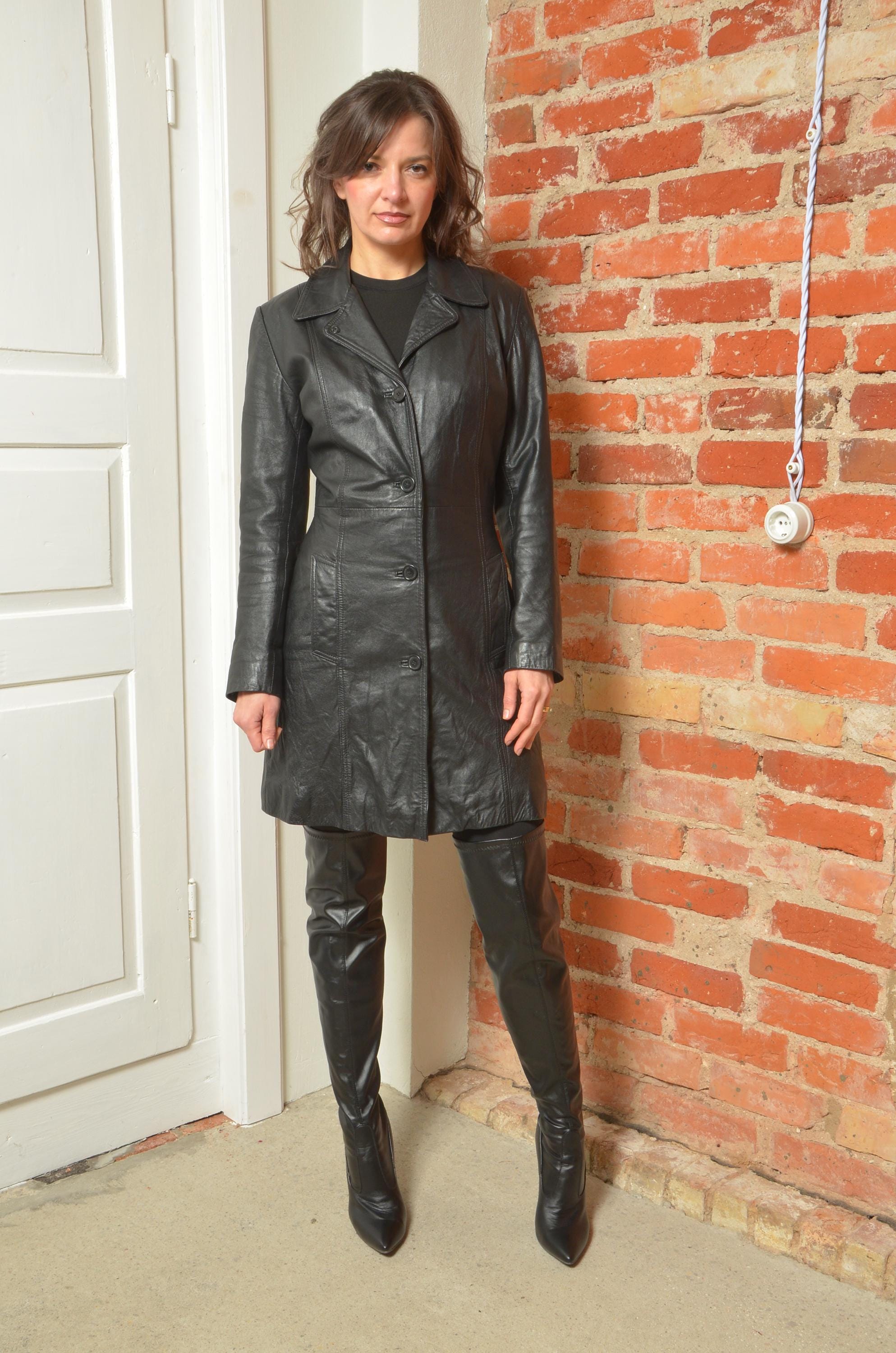 Vintage 90s Black Leather Button Jacket / Tailored Collared Coat
