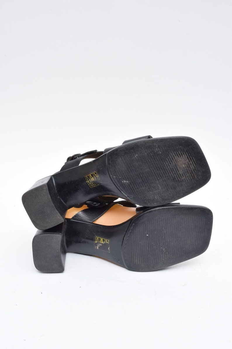 Vintage 90/'s Black Leather Strappy Sandals with Buckles Size 37