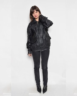 Vintage 80s Patchwork Real Leather Bomber Jacket: Black Genuine