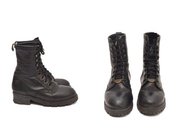 Vintage 90s Genuine Leather Chunky Heel Combat Style Boots with Laces and Thick Rubber Soles